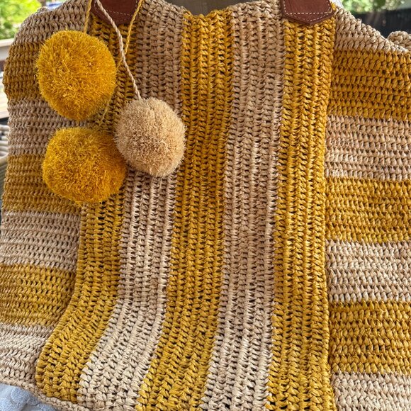 Mar y Sol "Havana" Stripe Tote Natural Crocheted Raffia Pool Beach Beautiful - Picture 2 of 6